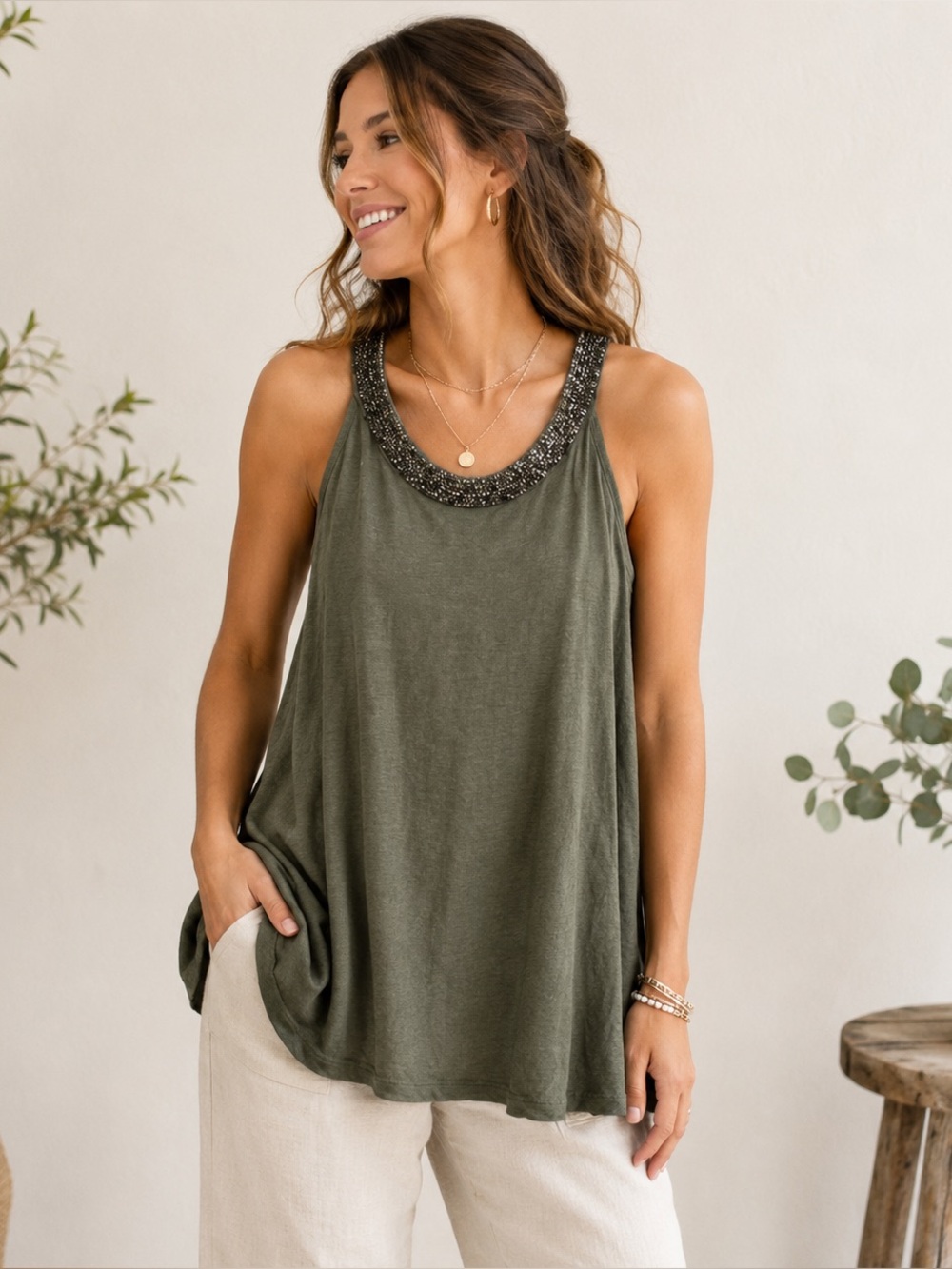 Christian Siriano Army Green Linen Blend Beaded Neck Babydoll Tank Top Large